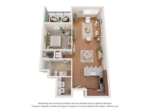 a stylized floor plan with a bedroom and a living room